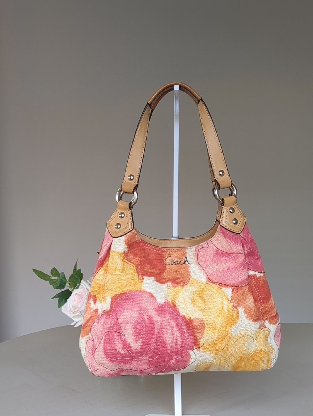 Vintage Coach 2002 Floral Fabric Maggie Shoulder Bag in Yellow & Pink - Picture 1 of 15
